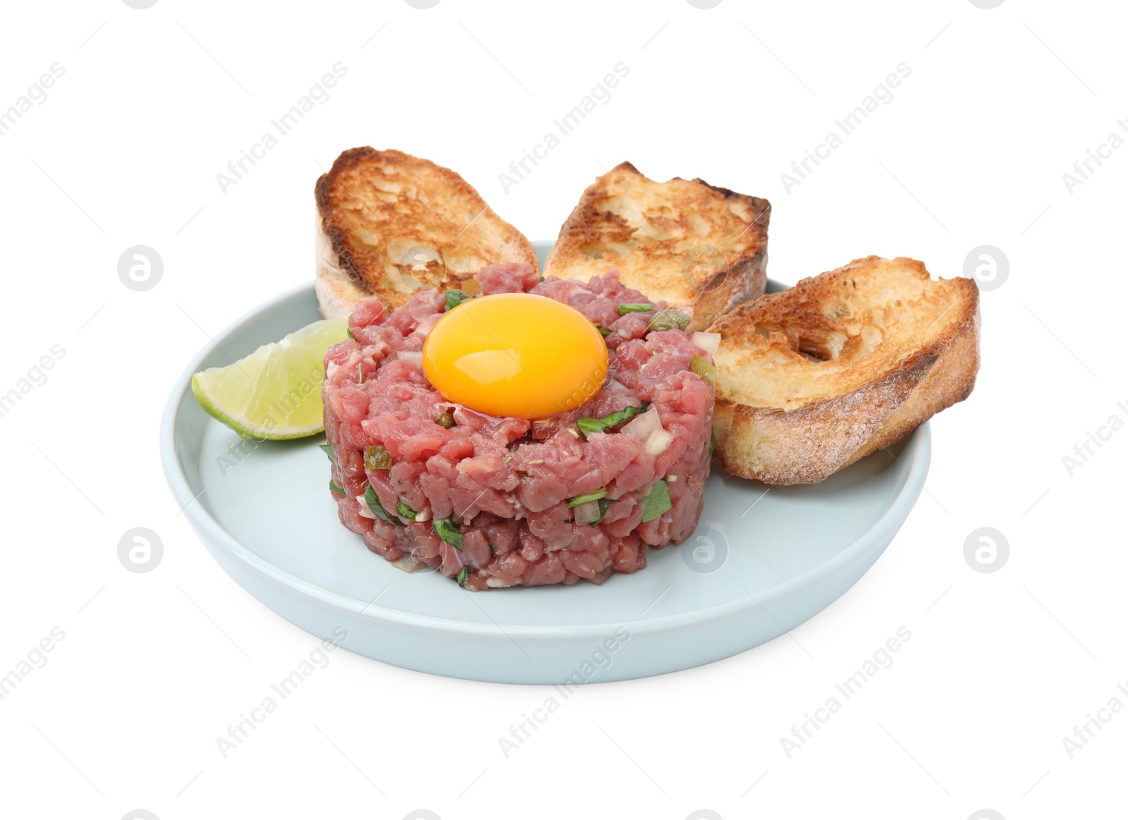 Photo of Tasty beef steak tartare served with yolk and toasted bread isolated on white