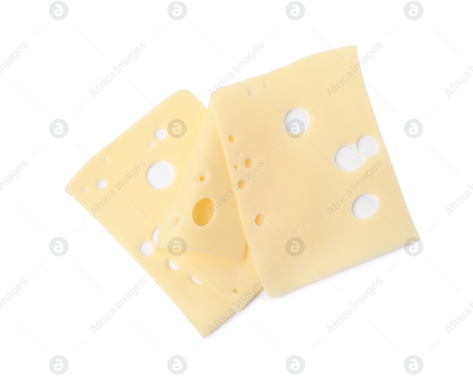 Photo of Slices of tasty fresh cheese isolated on white, top view