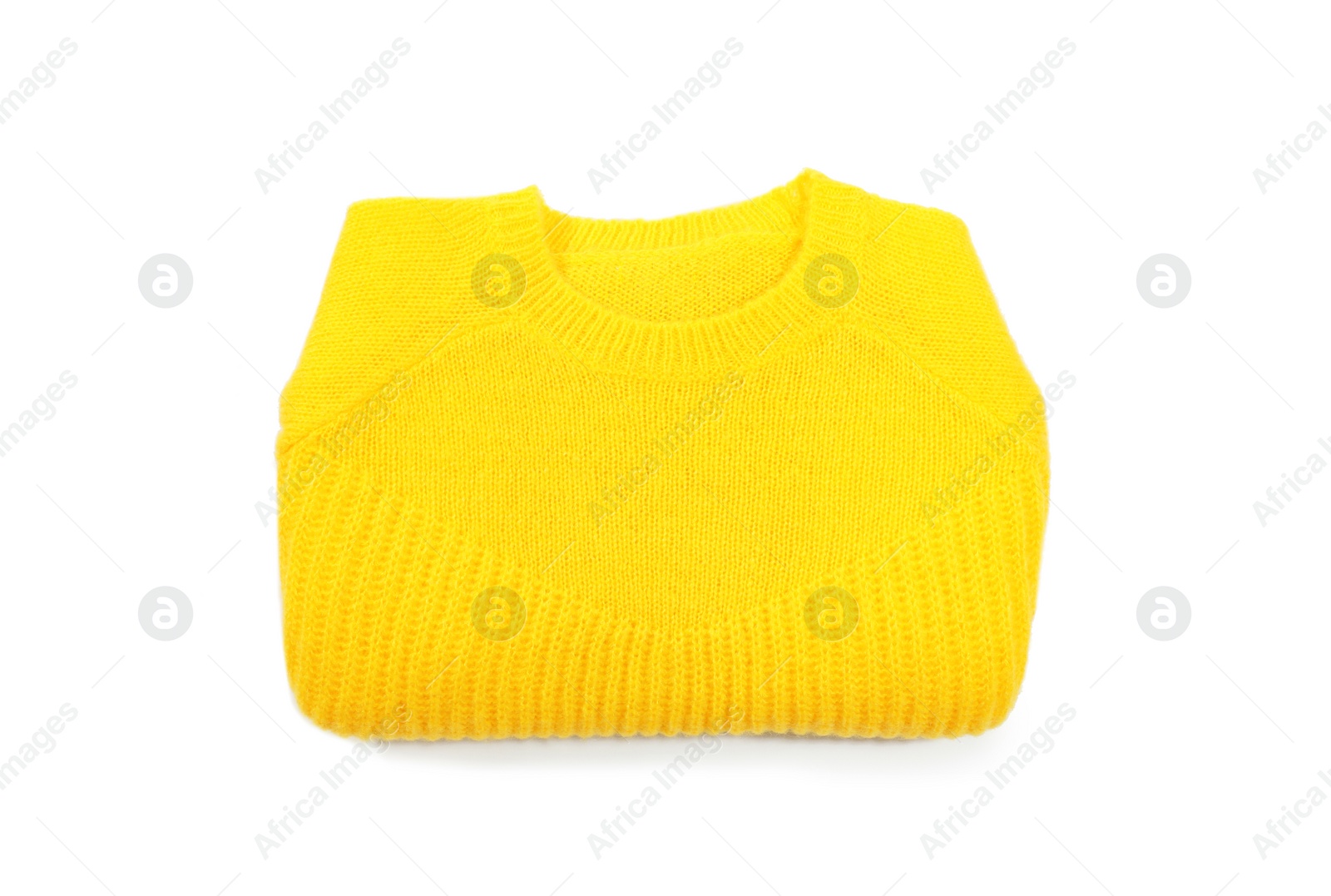 Photo of Folded cozy warm sweater on white background, top view