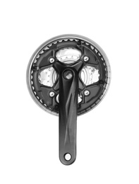 Photo of Bicycle crankset on white background, top view