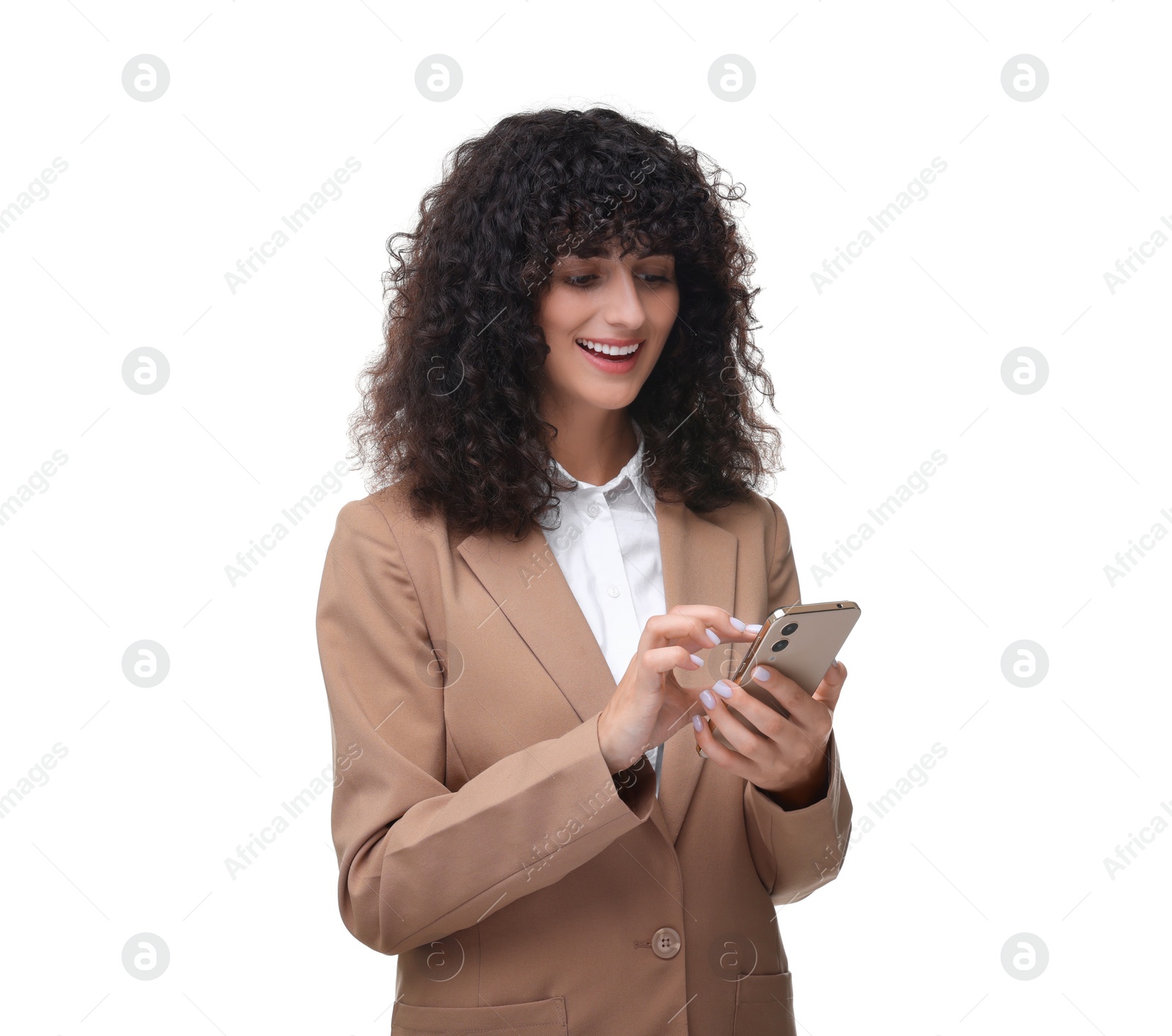 Photo of Woman sending message via smartphone isolated on white