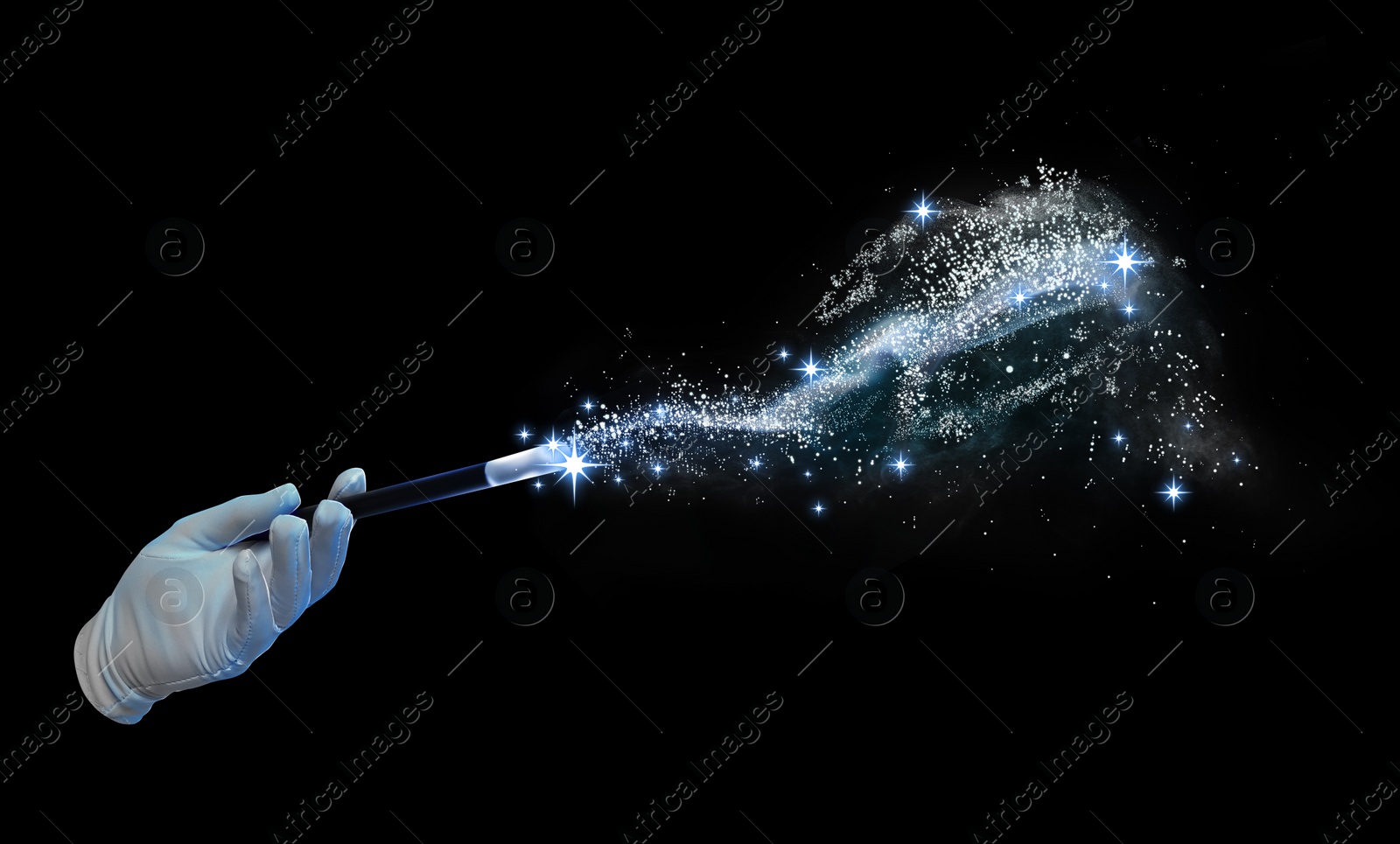 Image of Magician with magic wand performing trick on black background, closeup