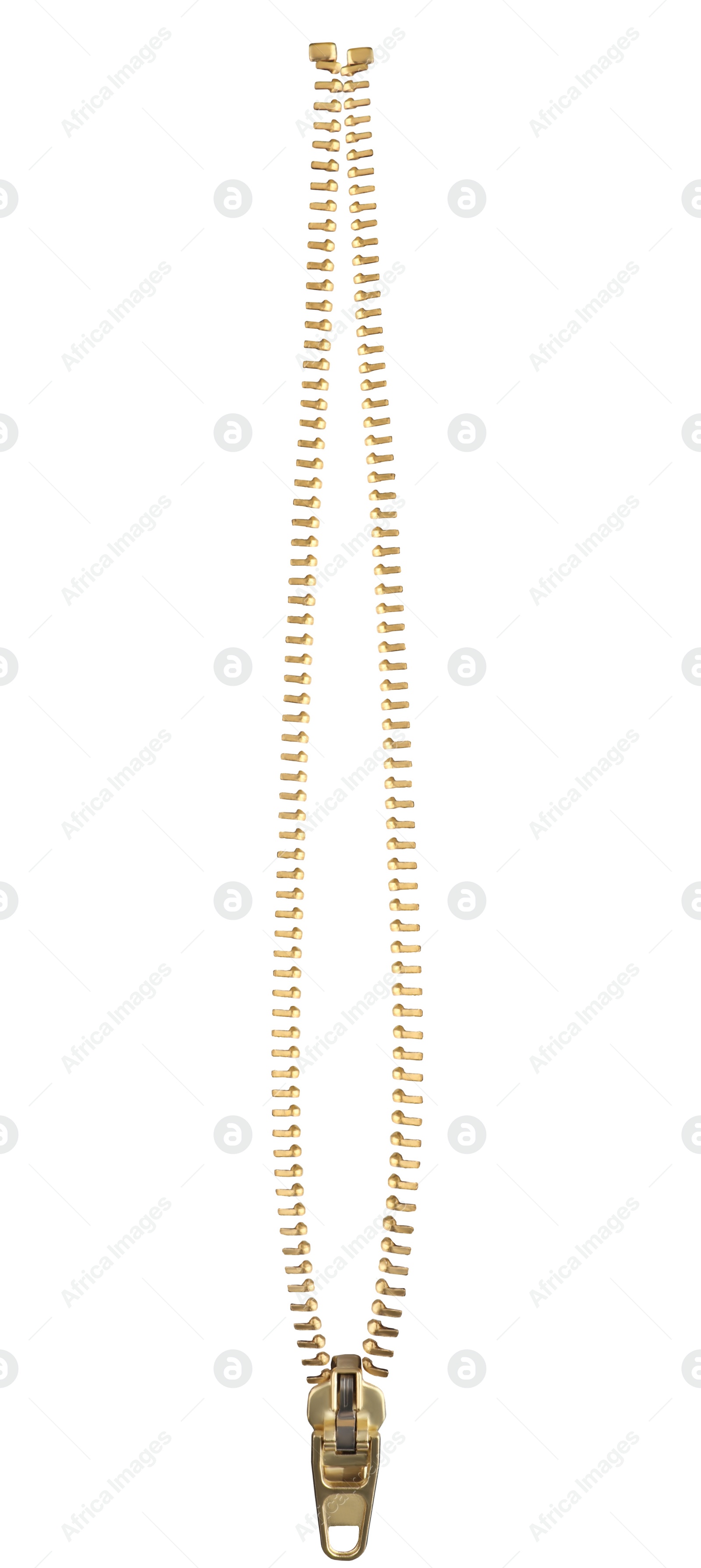 Image of Open golden metal zipper isolated on white 
