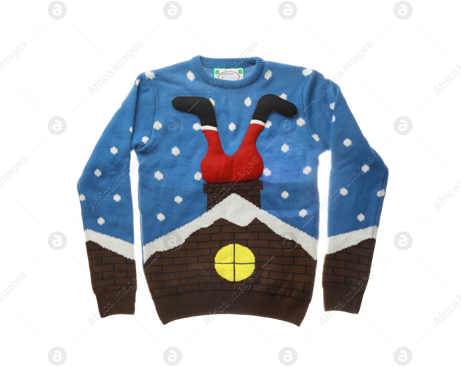 Photo of Funny Christmas sweater on white background, top view