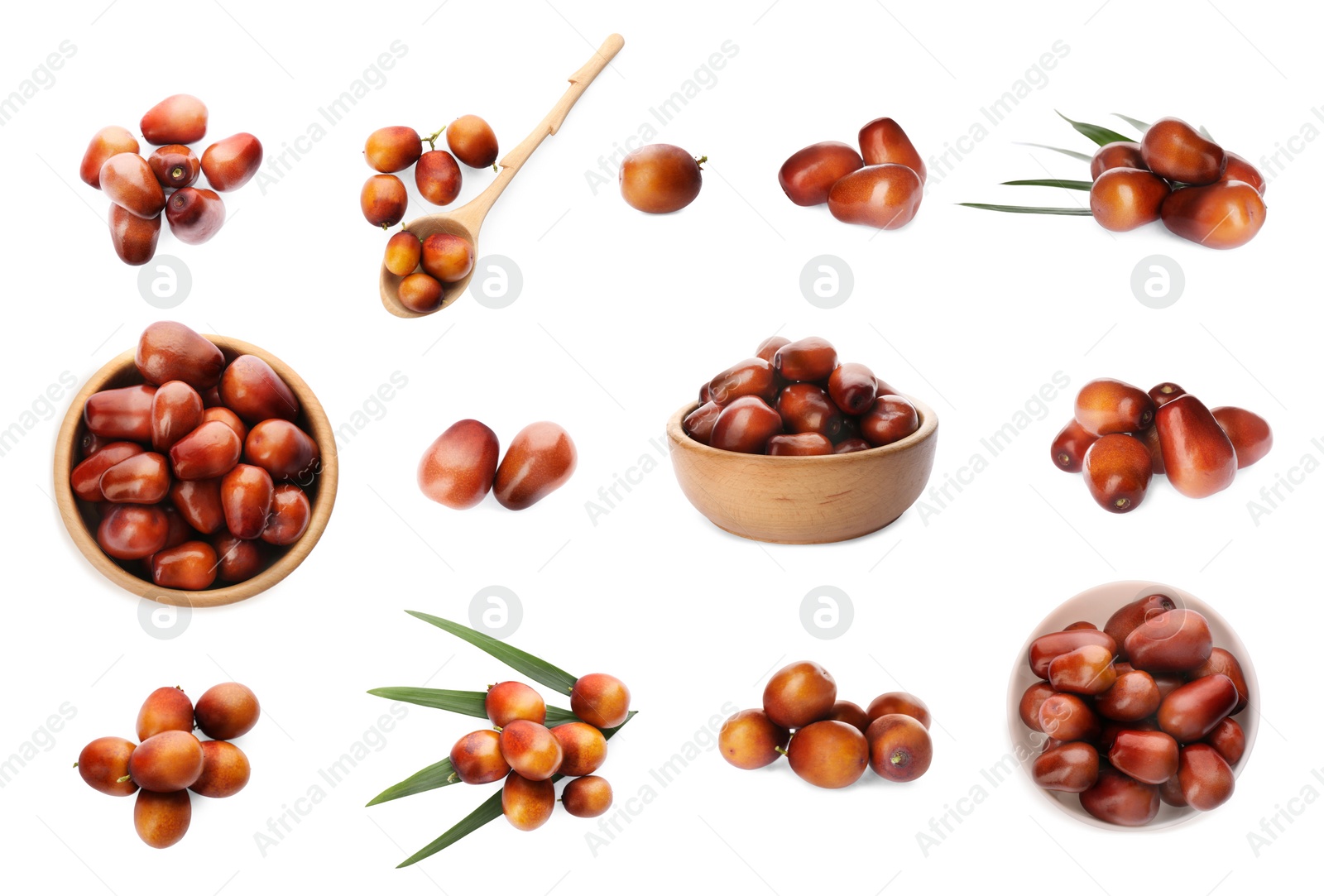 Image of Set with fresh ripe palm oil fruits on white background