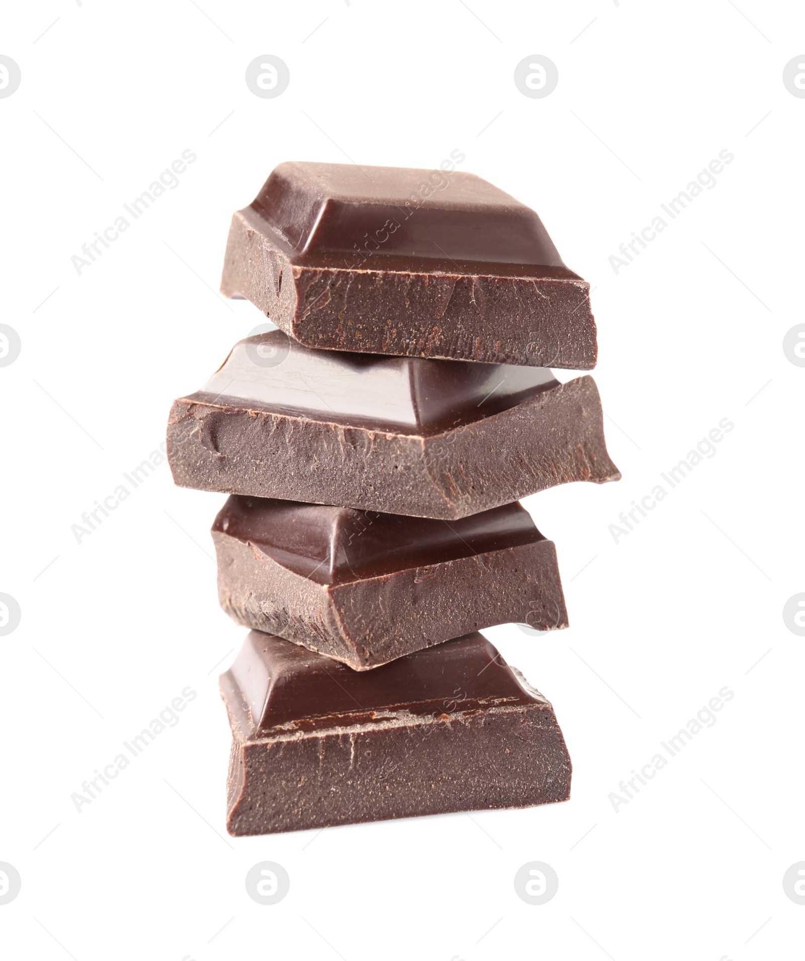 Photo of Stack of tasty chocolate pieces on white background