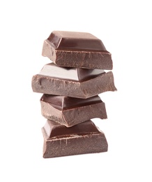 Stack of tasty chocolate pieces on white background