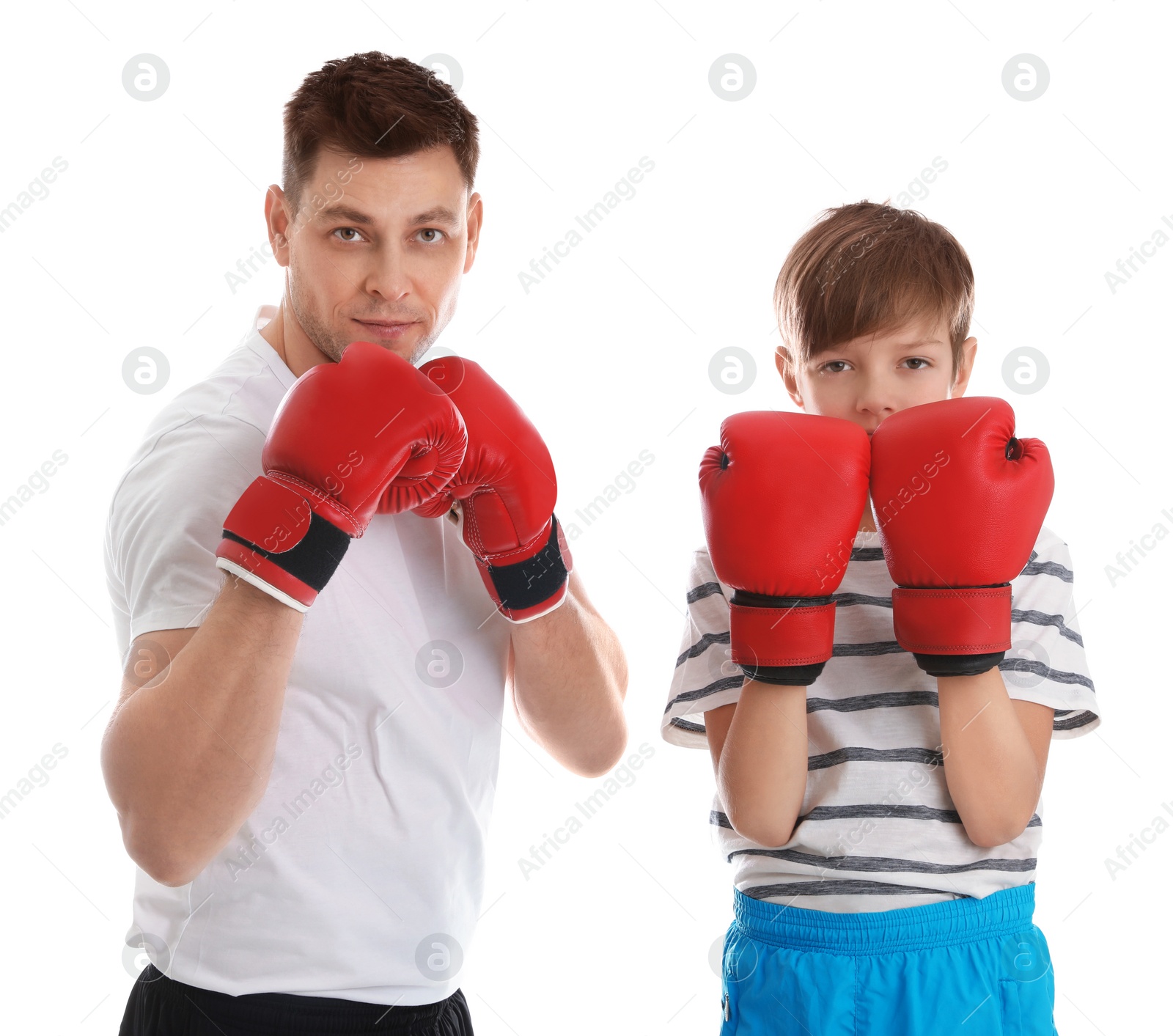 Photo of Dad and his son with boxing gloves on white background