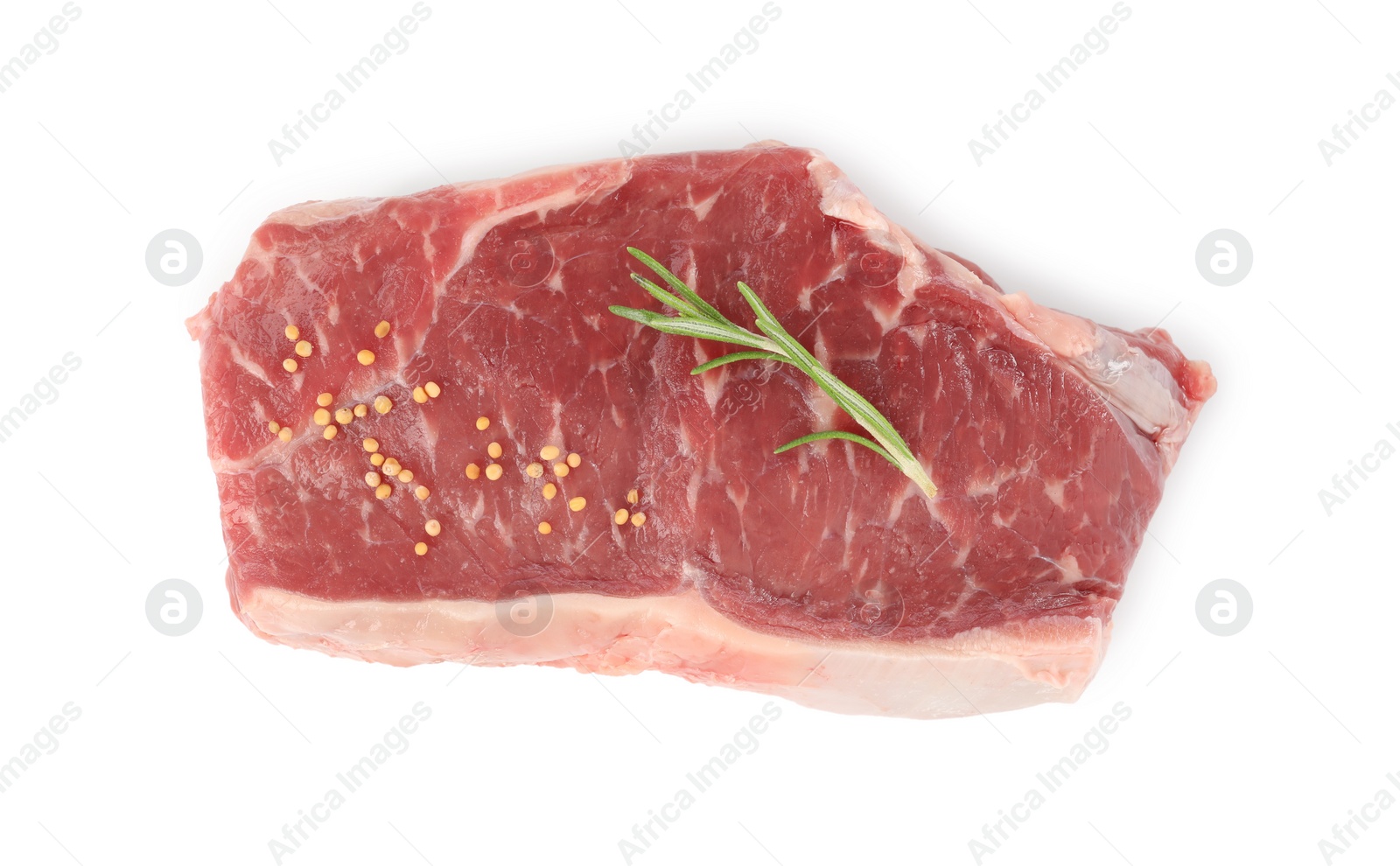 Photo of Steak of raw beef meat and spices isolated on white, top view