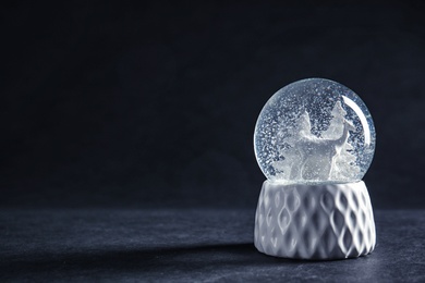Photo of Snow globe with deer and trees on dark background. Space for text