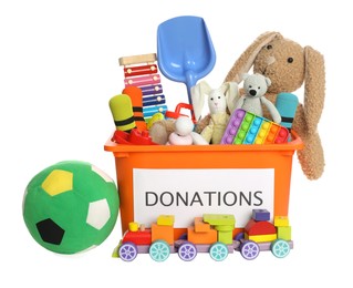 Photo of Donation box and different toys isolated on white