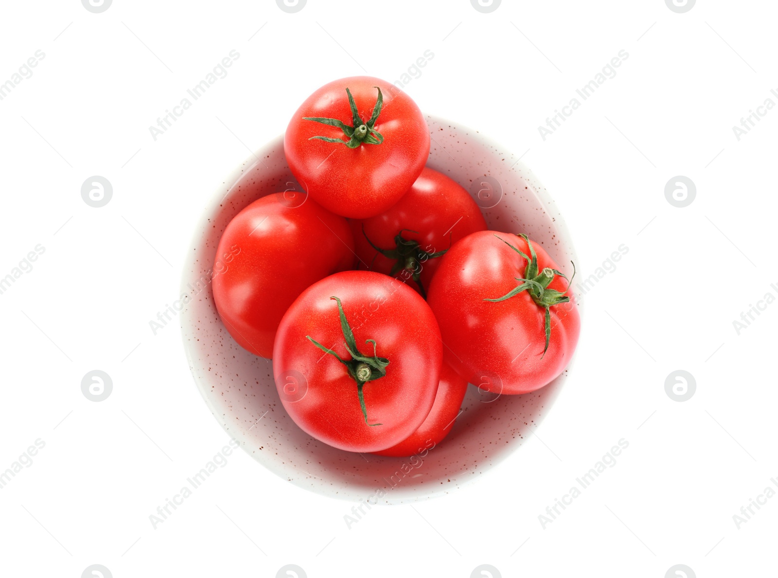 Photo of Bowl of fresh ripe organic tomatoes isolated on white, top view