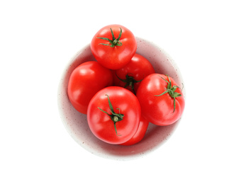 Photo of Bowl of fresh ripe organic tomatoes isolated on white, top view