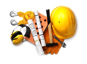 Photo of Composition with different construction tools on white background, top view