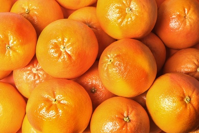 Photo of Many whole fresh ripe grapefruits as background, top view