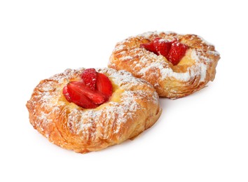 Photo of Danish pastries with strawberries isolated on white