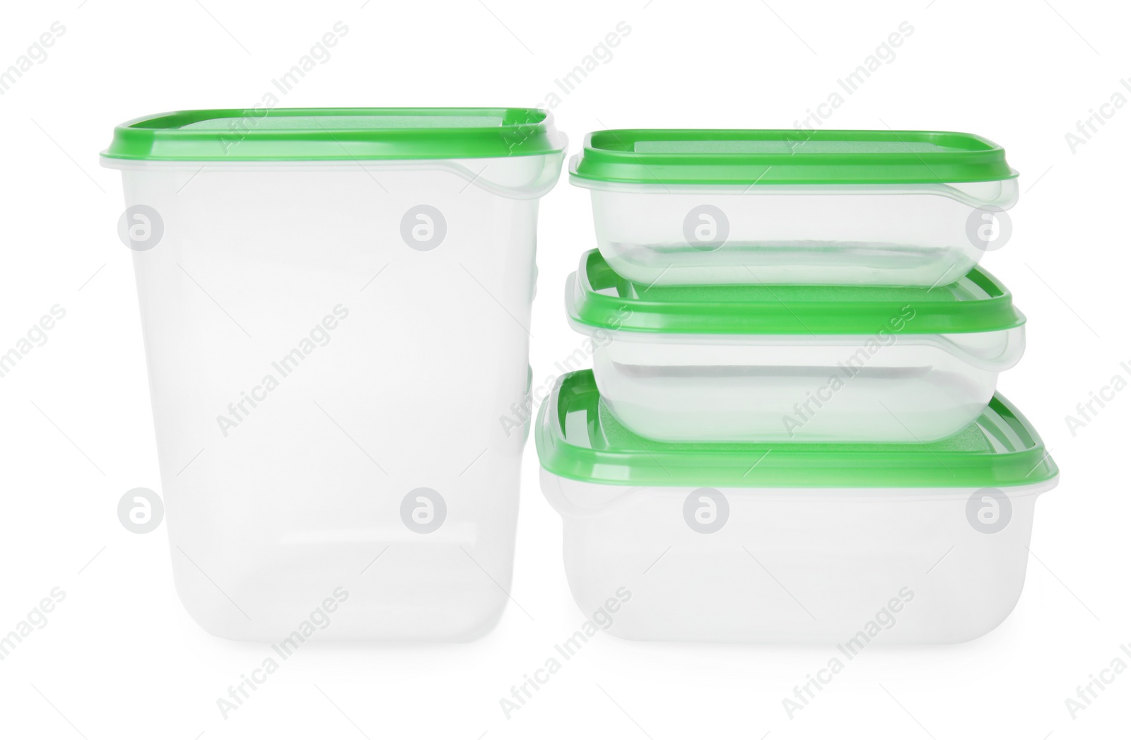 Photo of Empty plastic containers on white background. Food storage