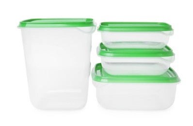 Photo of Empty plastic containers on white background. Food storage