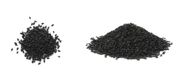 Image of Black sesame seeds on white background, collage. Banner design