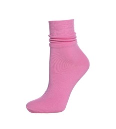 Photo of Pink sock isolated on white. Footwear accessory