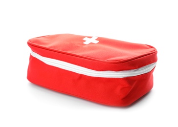 Photo of First aid bag on white background. Medical item