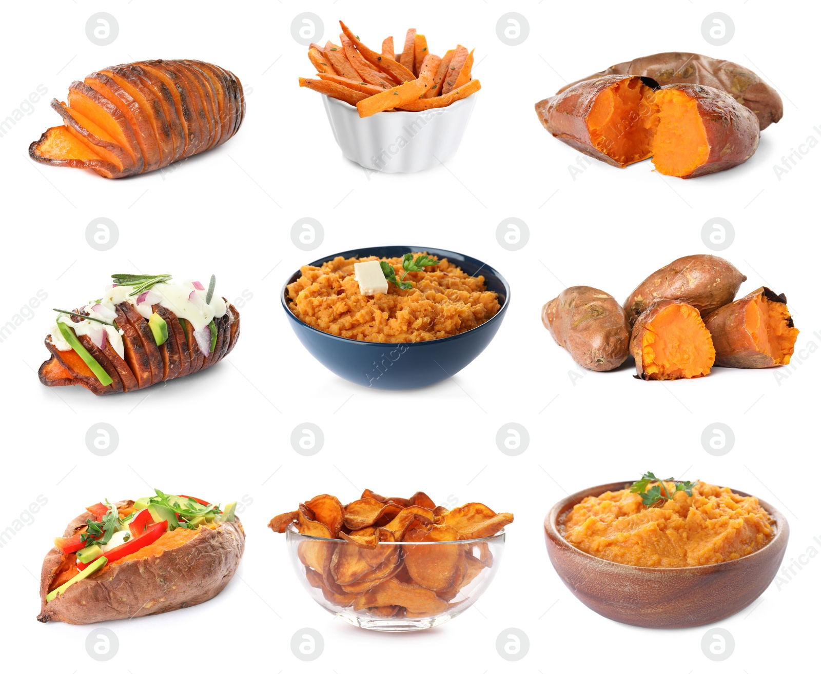 Image of Set of delicious cooked sweet potatoes on white background