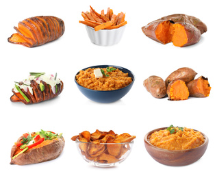 Image of Set of delicious cooked sweet potatoes on white background