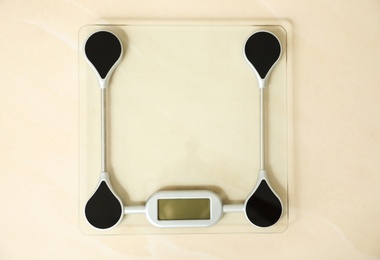 Scales on floor, top view. Overweight problem