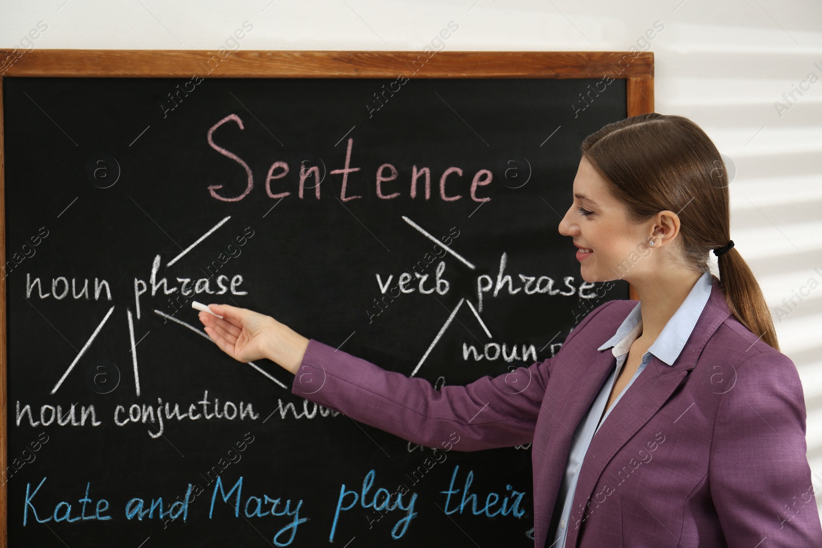 Photo of English teacher giving sentence construction rules near blackboard in classroom