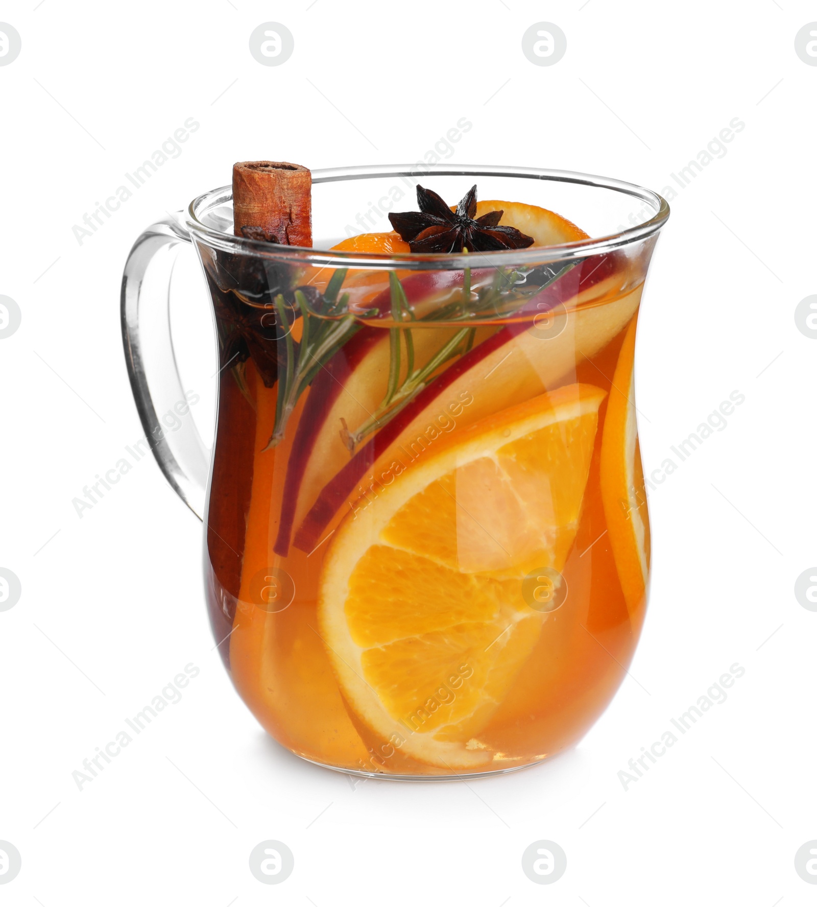 Photo of Delicious aromatic mulled wine isolated on white