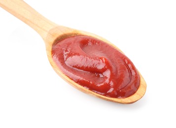 Photo of Wooden spoon with tasty ketchup isolated on white