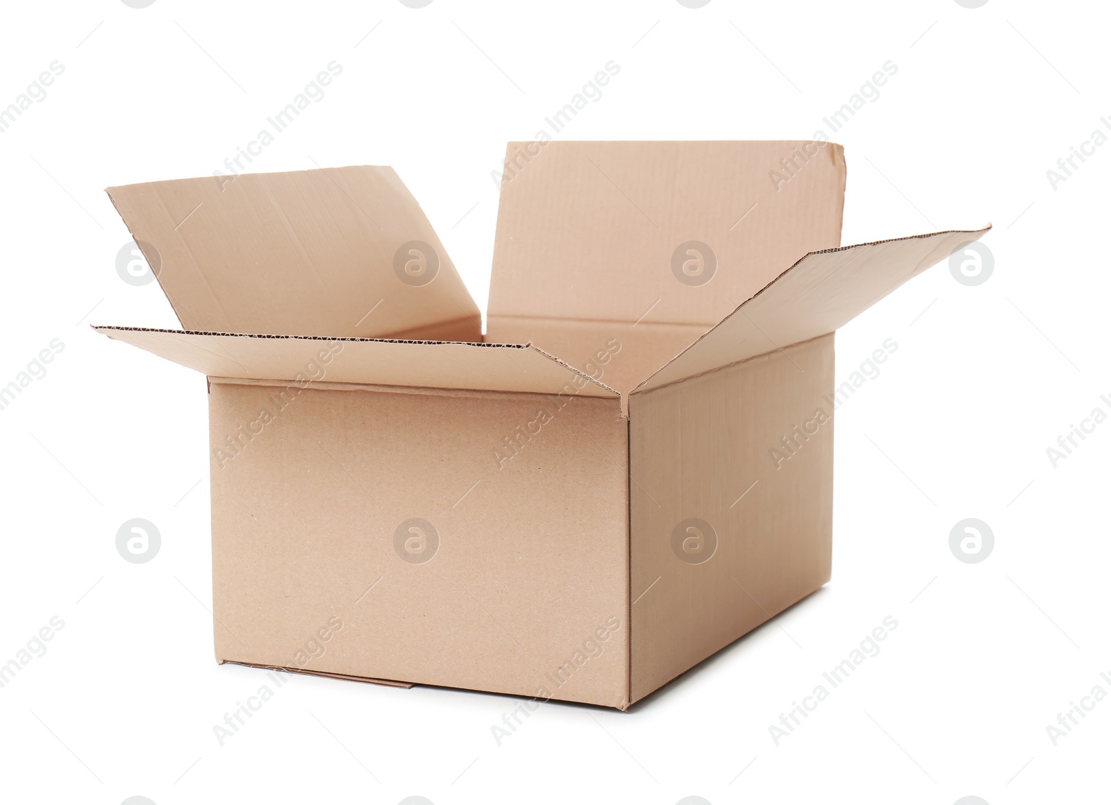 Photo of Open cardboard box on white background