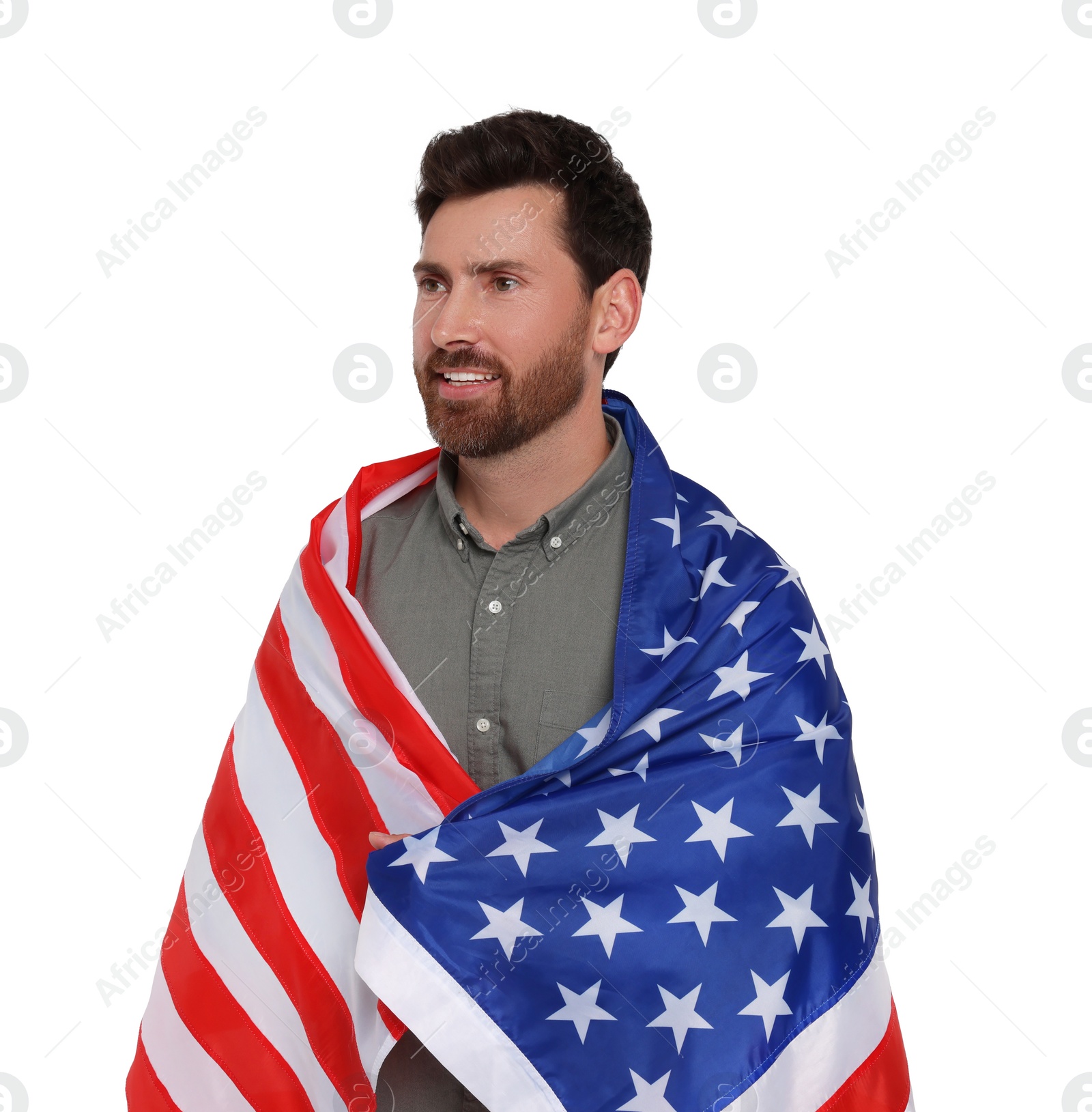 Image of 4th of July - Independence day of America. Happy man with national flag of United States on white background