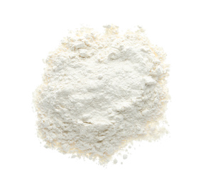 Photo of Pile of organic flour isolated on white, top view