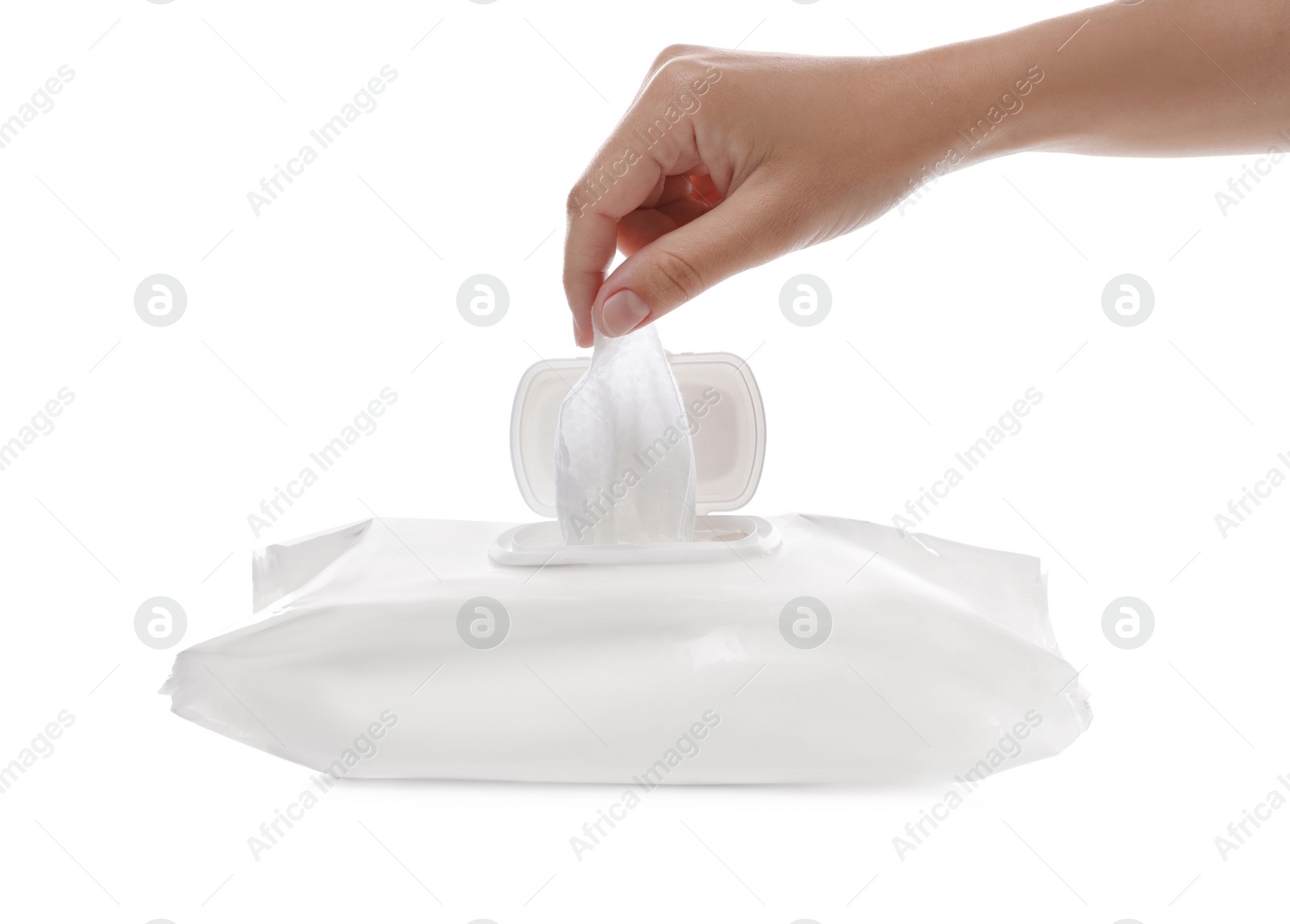 Photo of Woman taking wet wipe from pack on white background, closeup