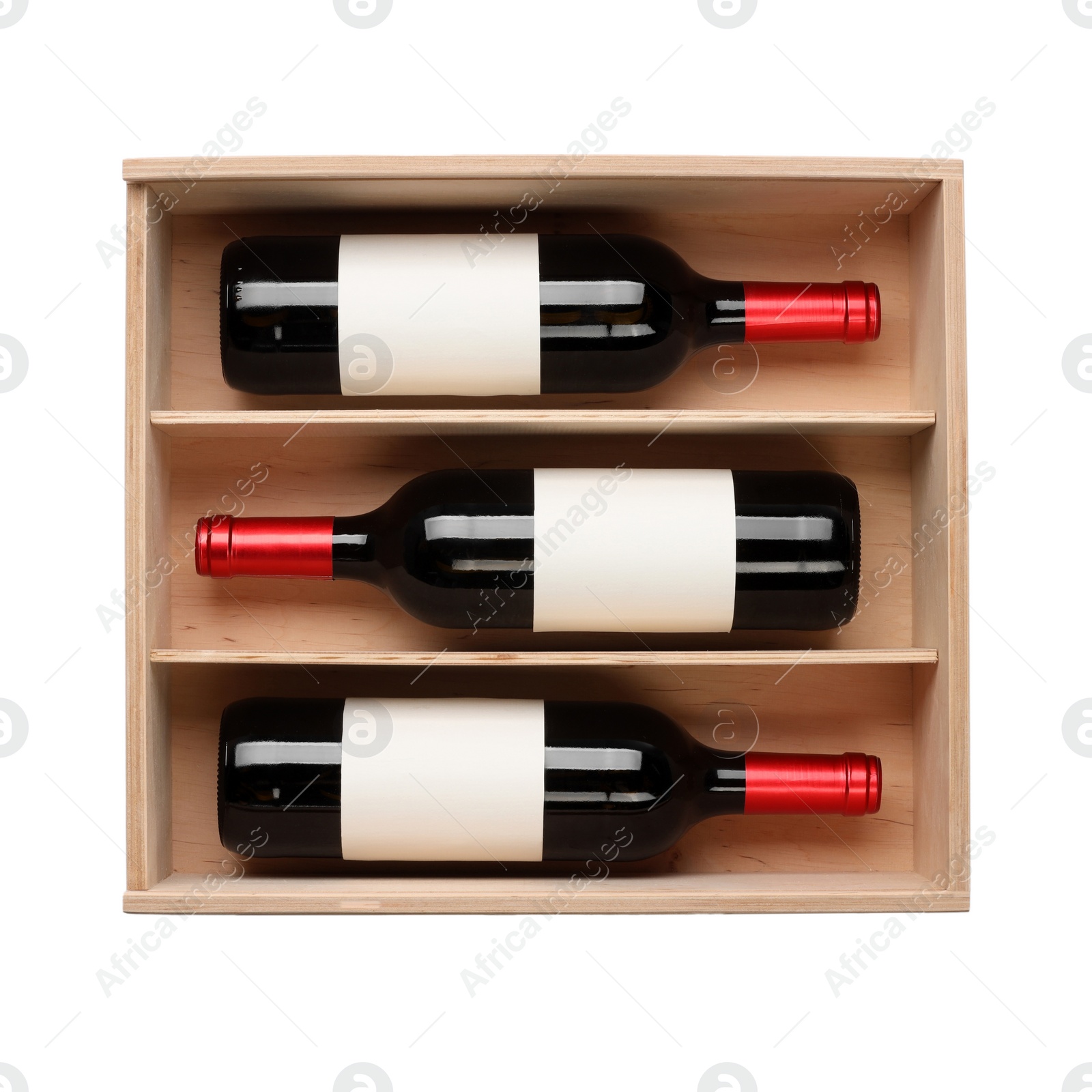 Photo of Wooden gift box with wine bottles isolated on white, top view