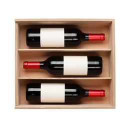 Wooden gift box with wine bottles isolated on white, top view