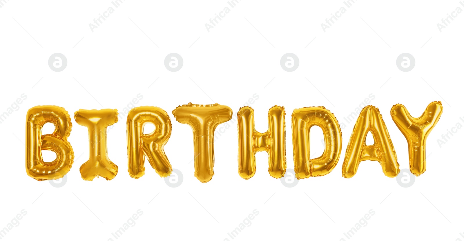 Photo of Word BIRTHDAY made of foil balloon letters on white background