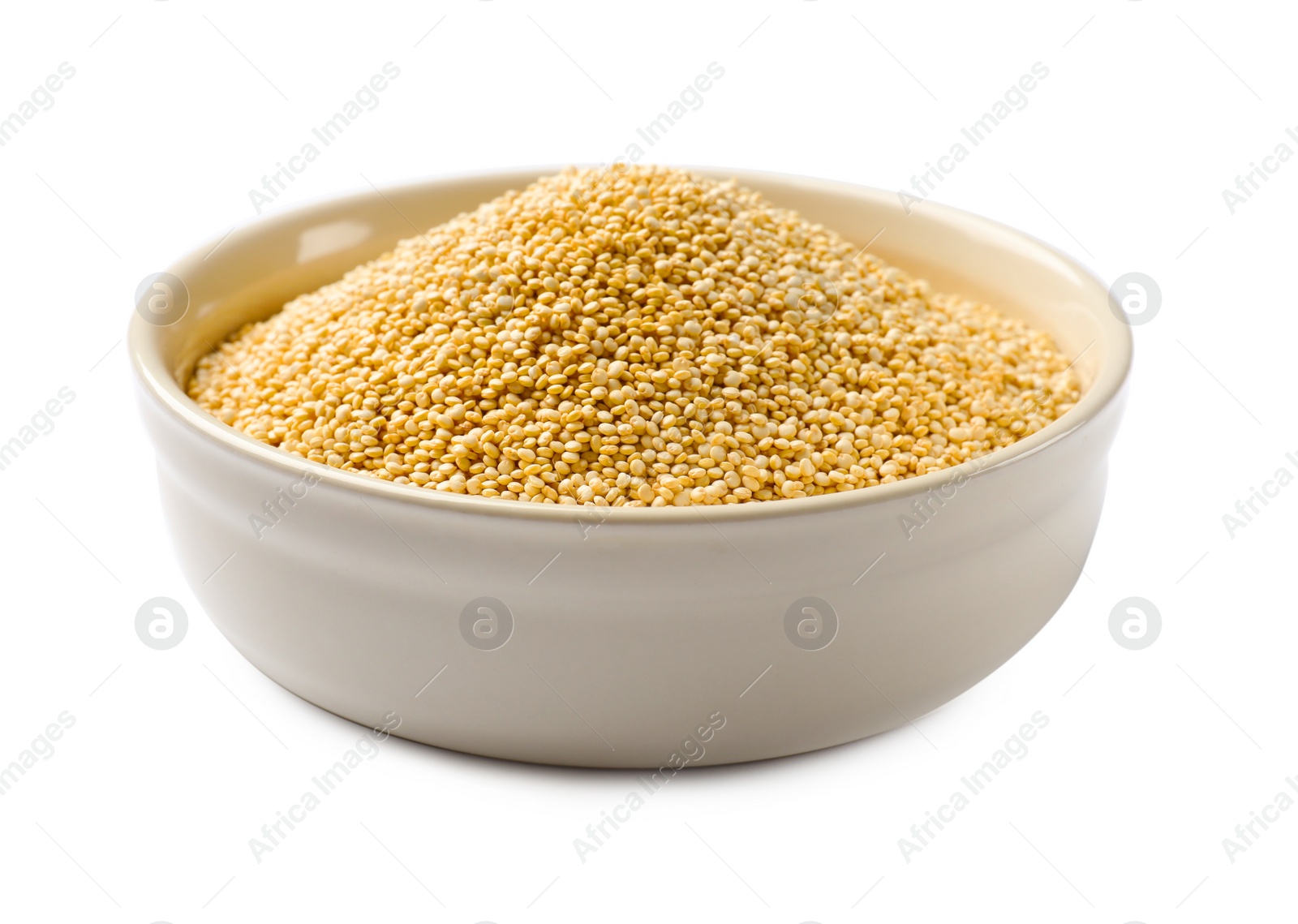 Photo of Raw quinoa in bowl isolated on white