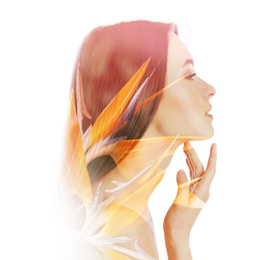 Image of Beautiful woman and exotic flower on white background. Double exposure