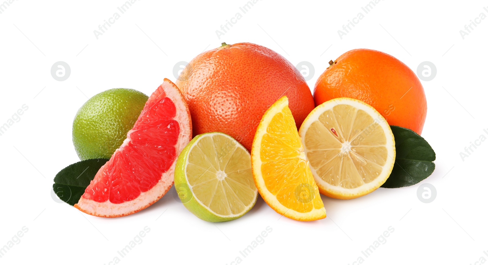 Photo of Fresh ripe citrus fruits and green leaves isolated on white