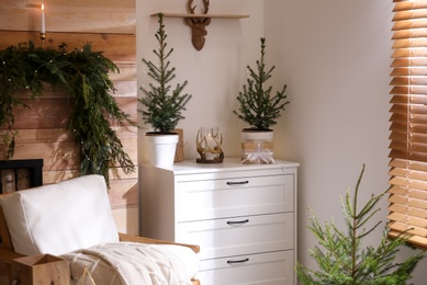Photo of Beautiful room decorated for Christmas with potted firs. Interior design