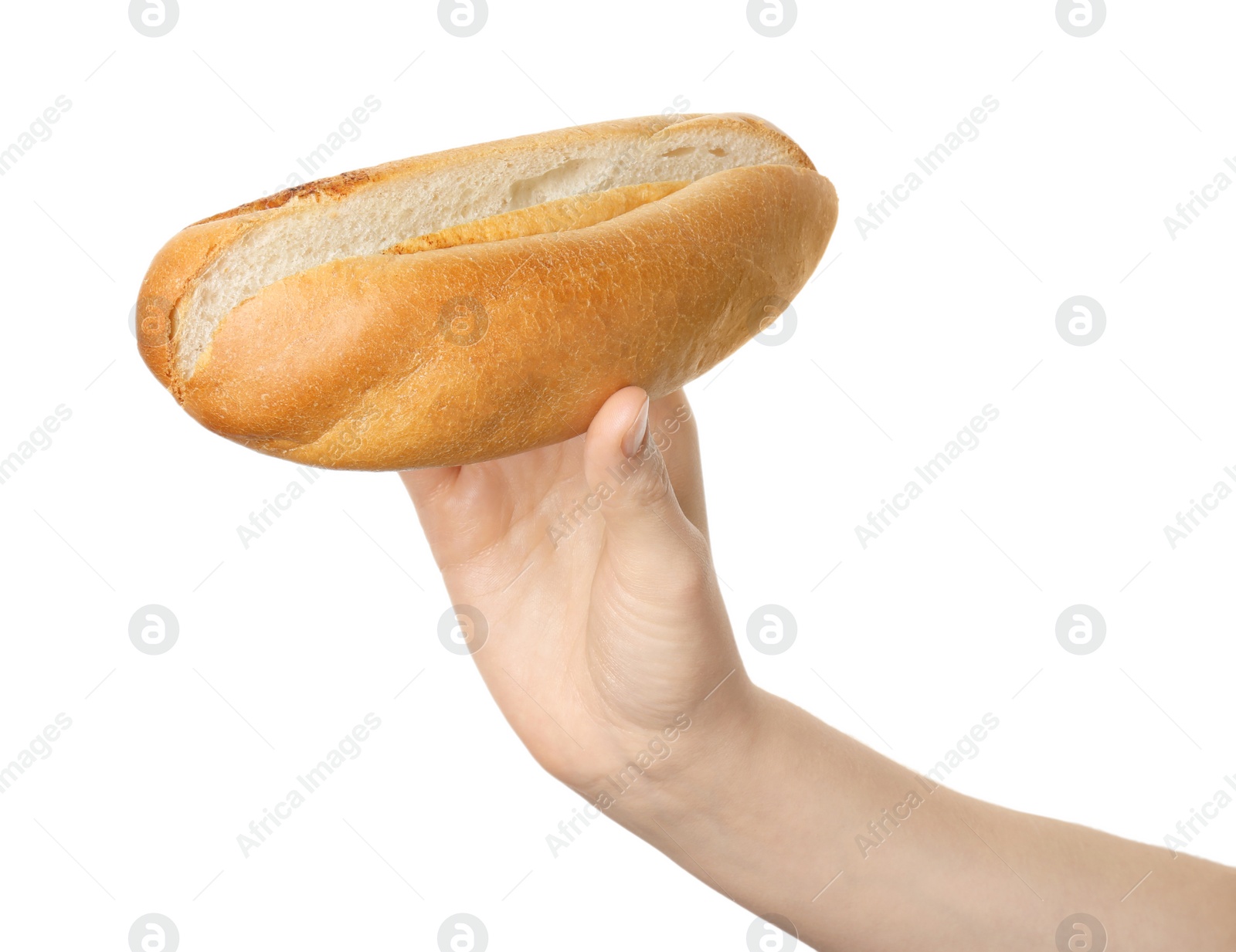 Photo of Woman with fresh hot dog bun on white background, closeup