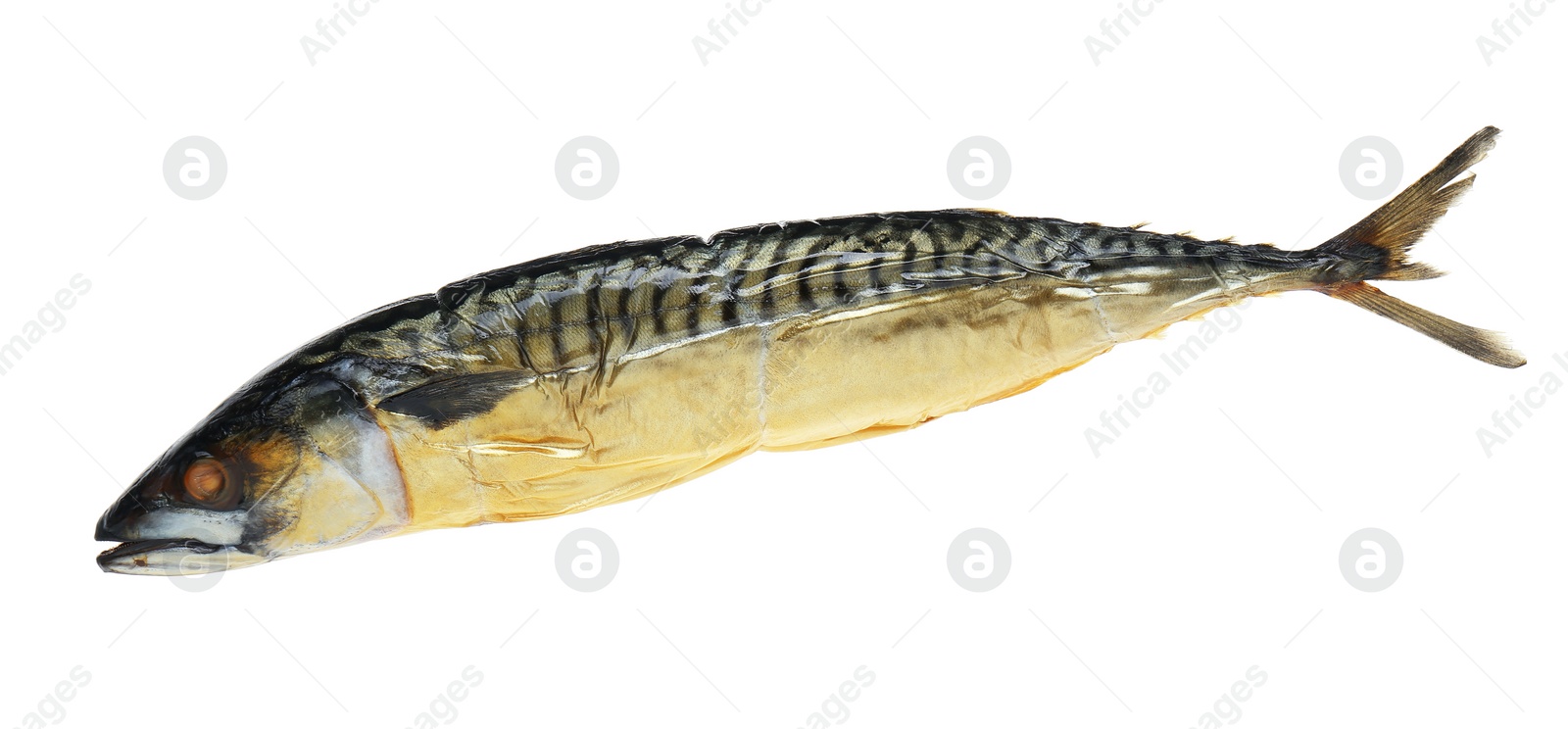 Photo of Delicious smoked mackerel isolated on white, top view