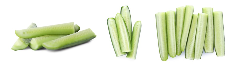 Image of Set with cut ripe cucumbers on white background. Banner design