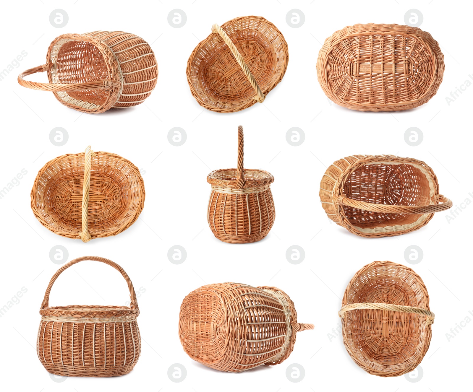 Image of Set with empty wicker baskets on white background