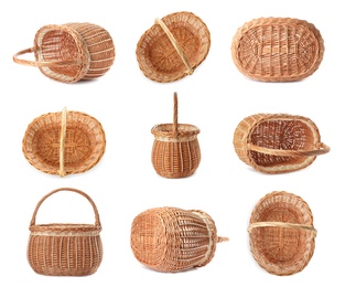 Image of Set with empty wicker baskets on white background