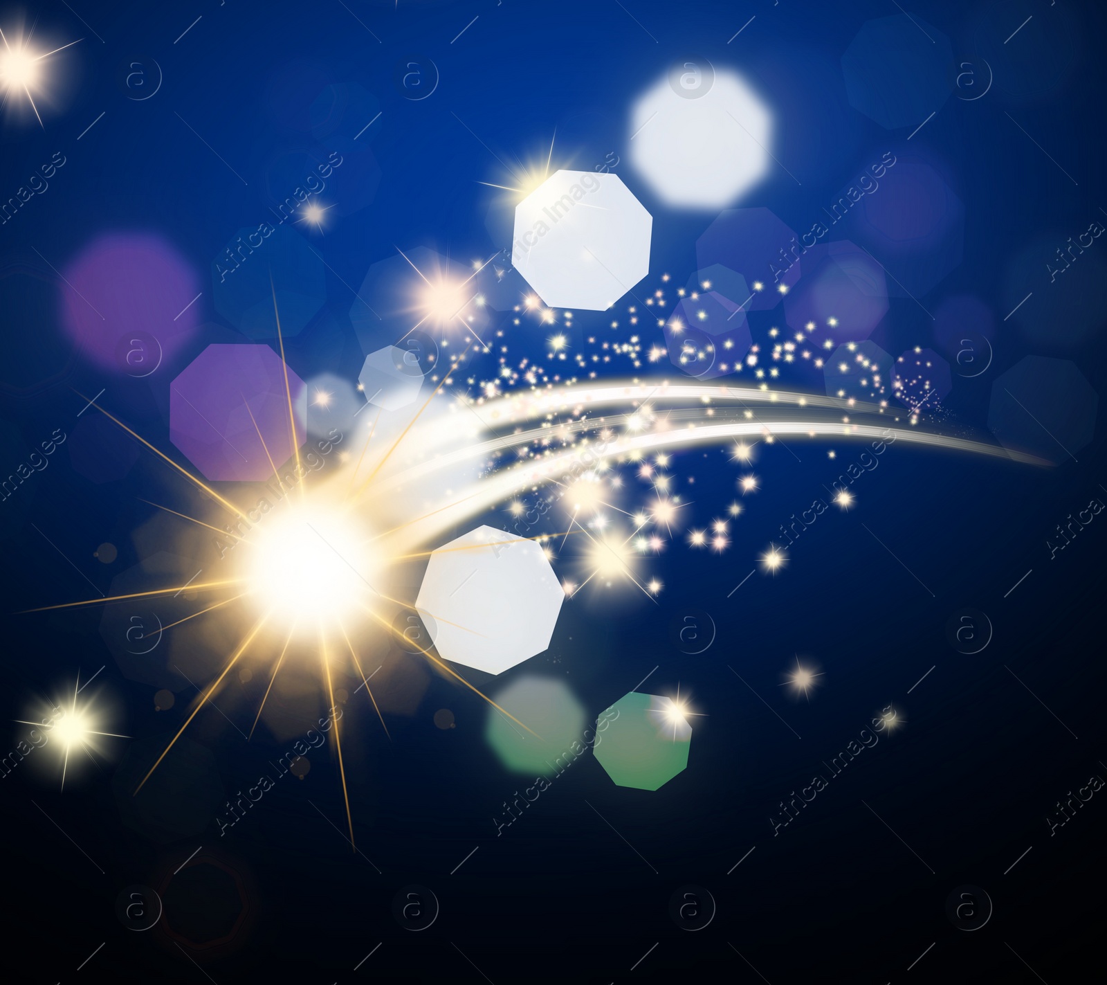 Image of Magic light trace and enchanted lights on blue gradient background