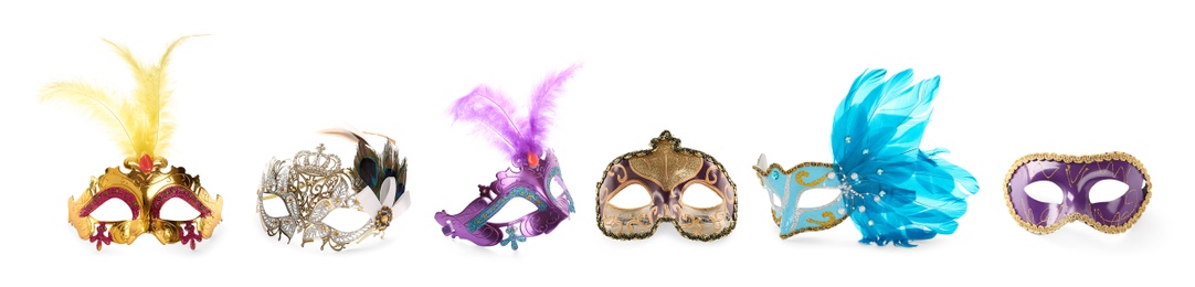 Image of Set of beautiful carnival masks on white background. Banner design