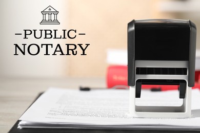 Image of Public notary. Documents and stamp on table, closeup